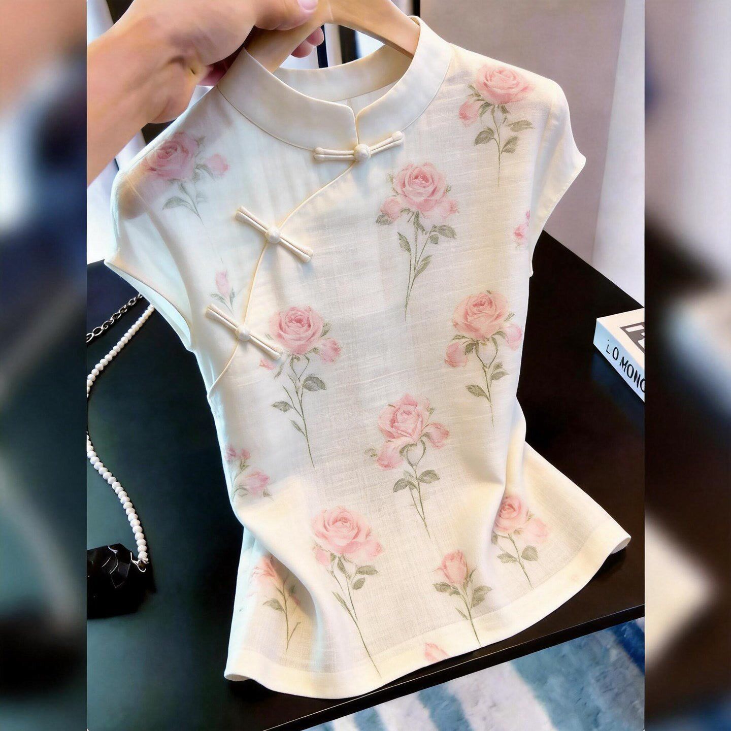 夏季新中式斜襟盘扣玫瑰印花衬衫