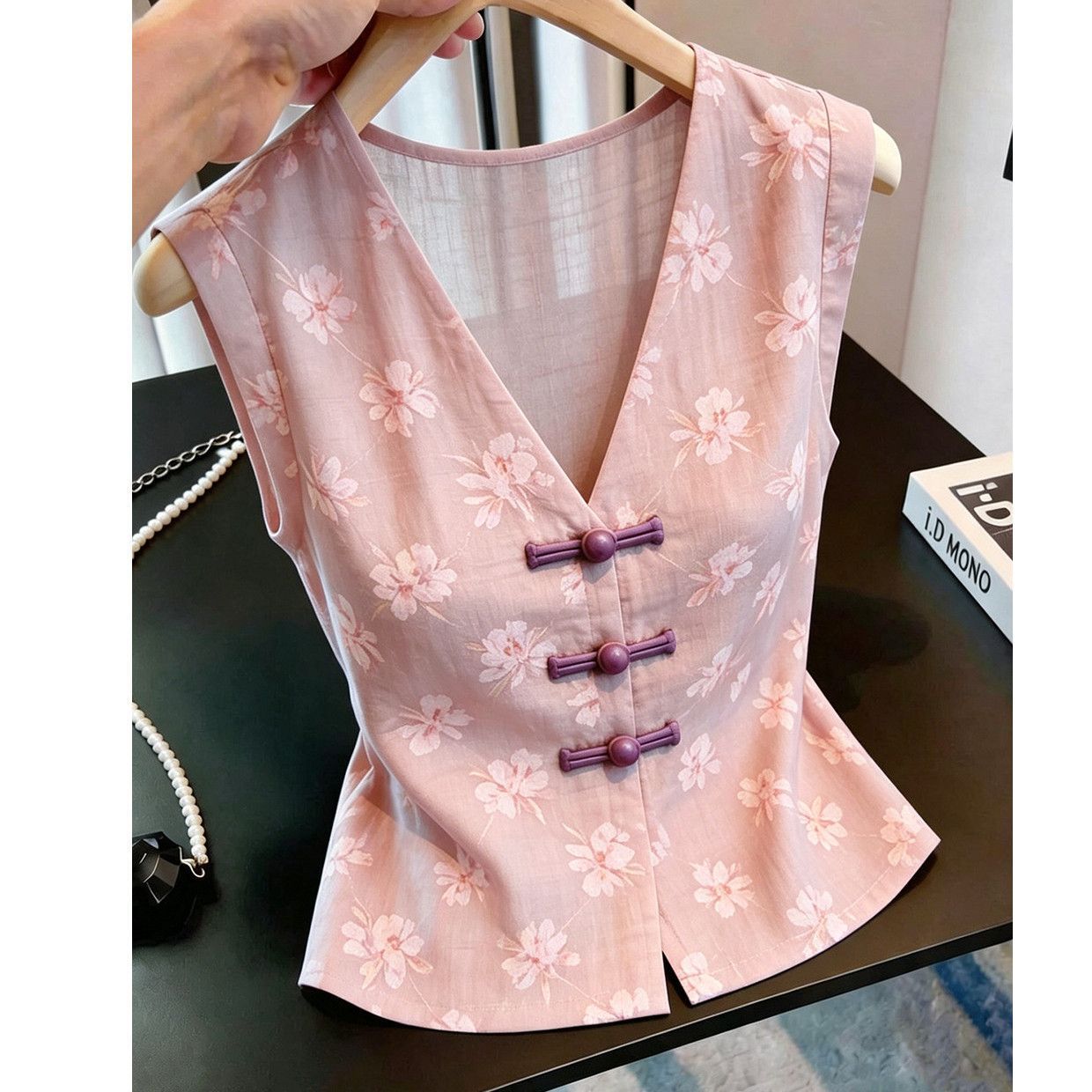 夏季粉色碎花盘扣衬衫女百搭