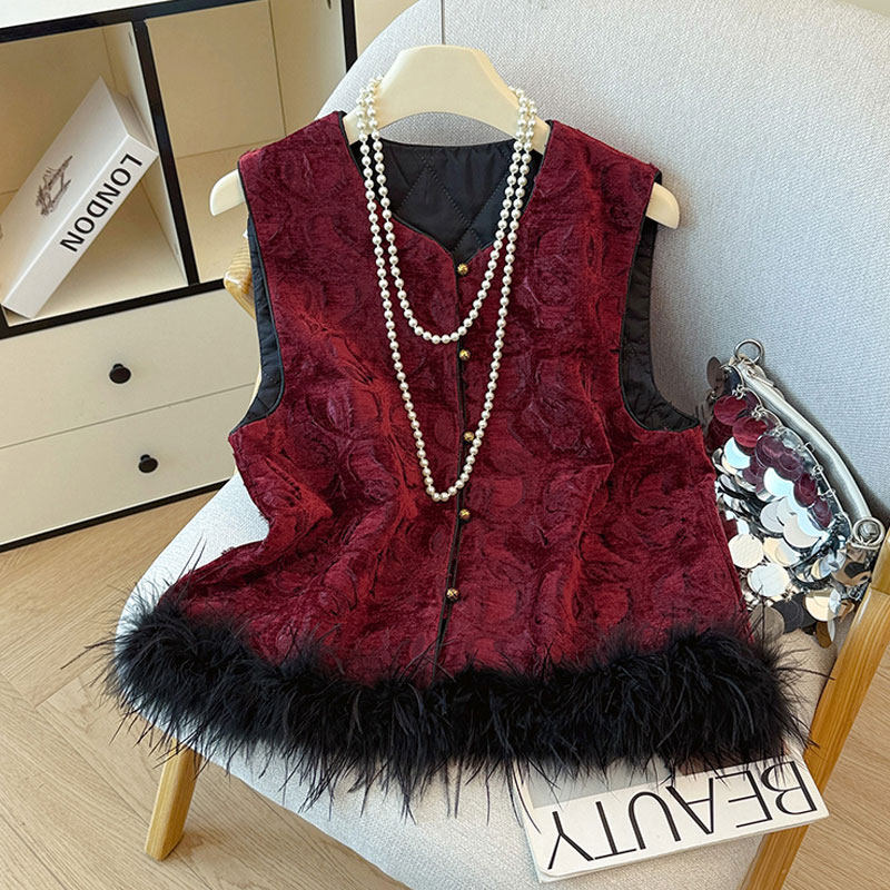 春装新款新中式国风盘扣夹棉马甲加厚鸵鸟毛背心日常高端红色减龄,女装/女士精品,马夹,淘宝优惠券,粉丝福利购,淘宝优惠卷