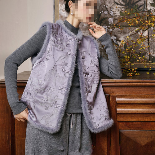 新中式宽松毛领夹棉马夹复古加厚提花刺绣女秋冬新款国风无袖马甲