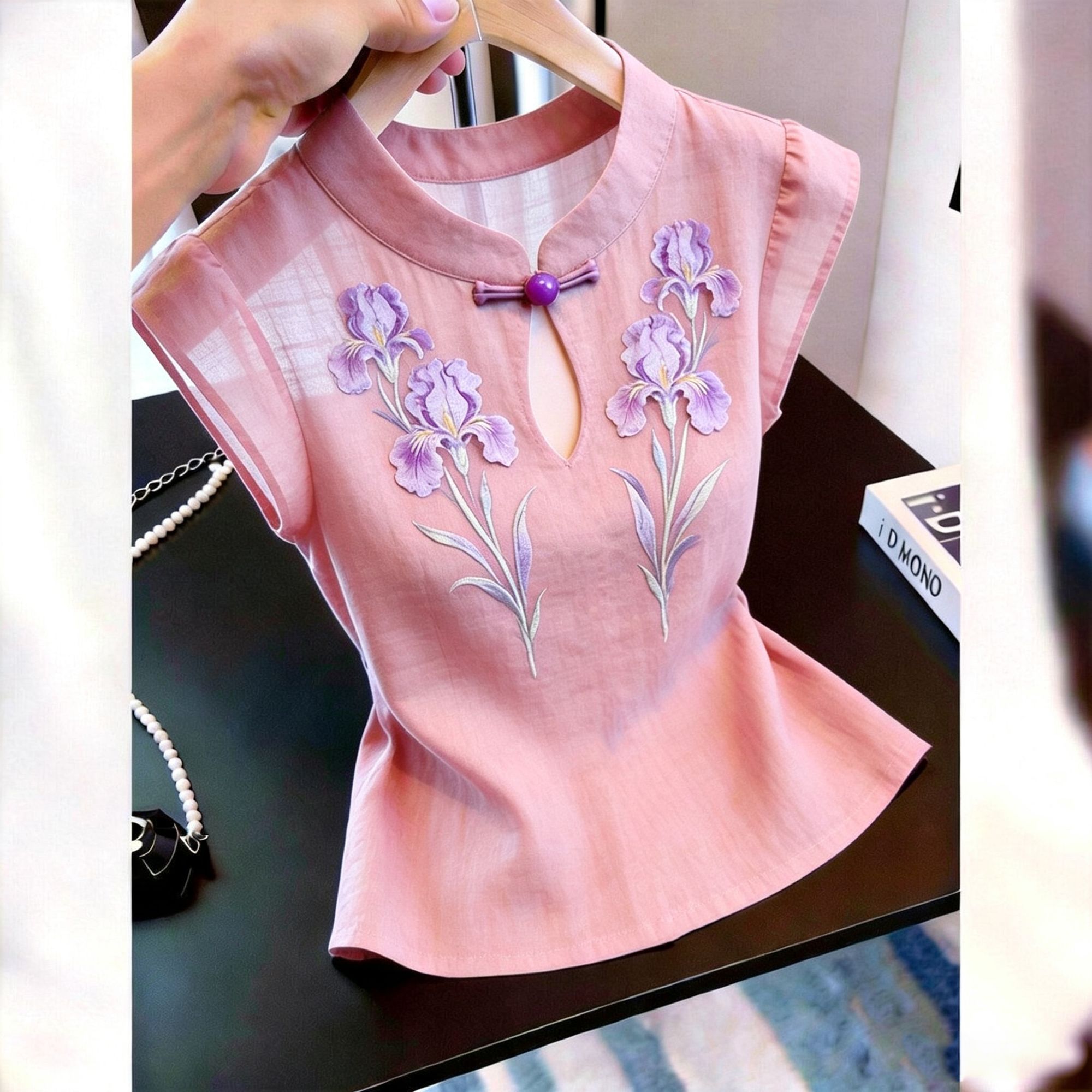 新中式立领盘扣鸢尾花显瘦衬衫