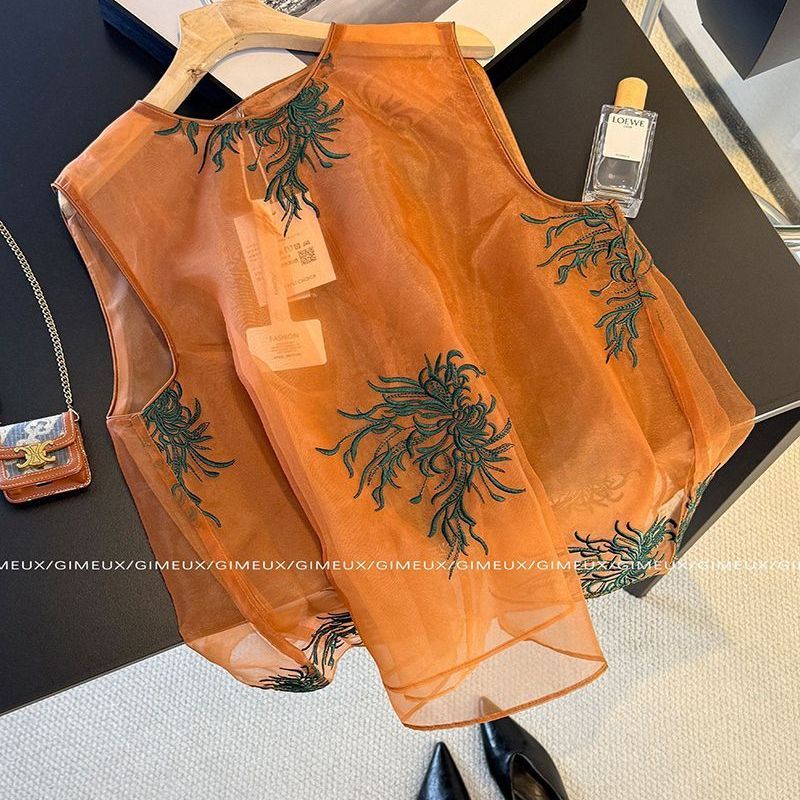 夏季新款欧根纱刺绣百搭马甲女