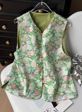 高端新中式绿色马甲女春夏年轻薄款气质圆领坎肩背心仿宋锦唐装
