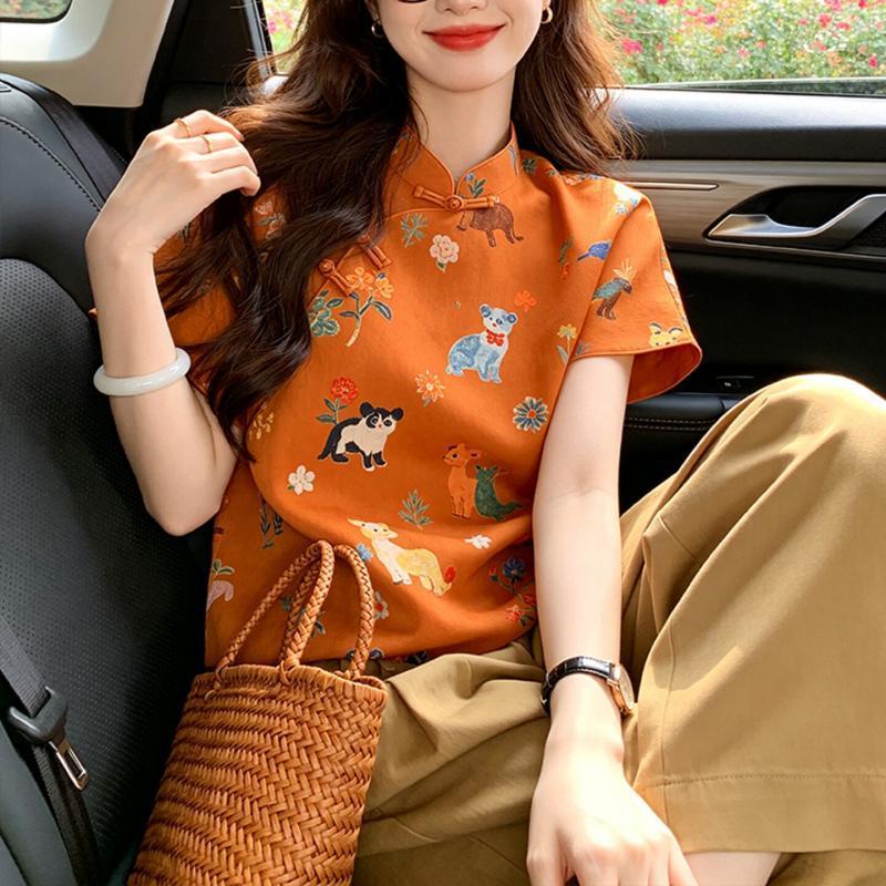 新中式橘色盘扣卡通印花女衬衫