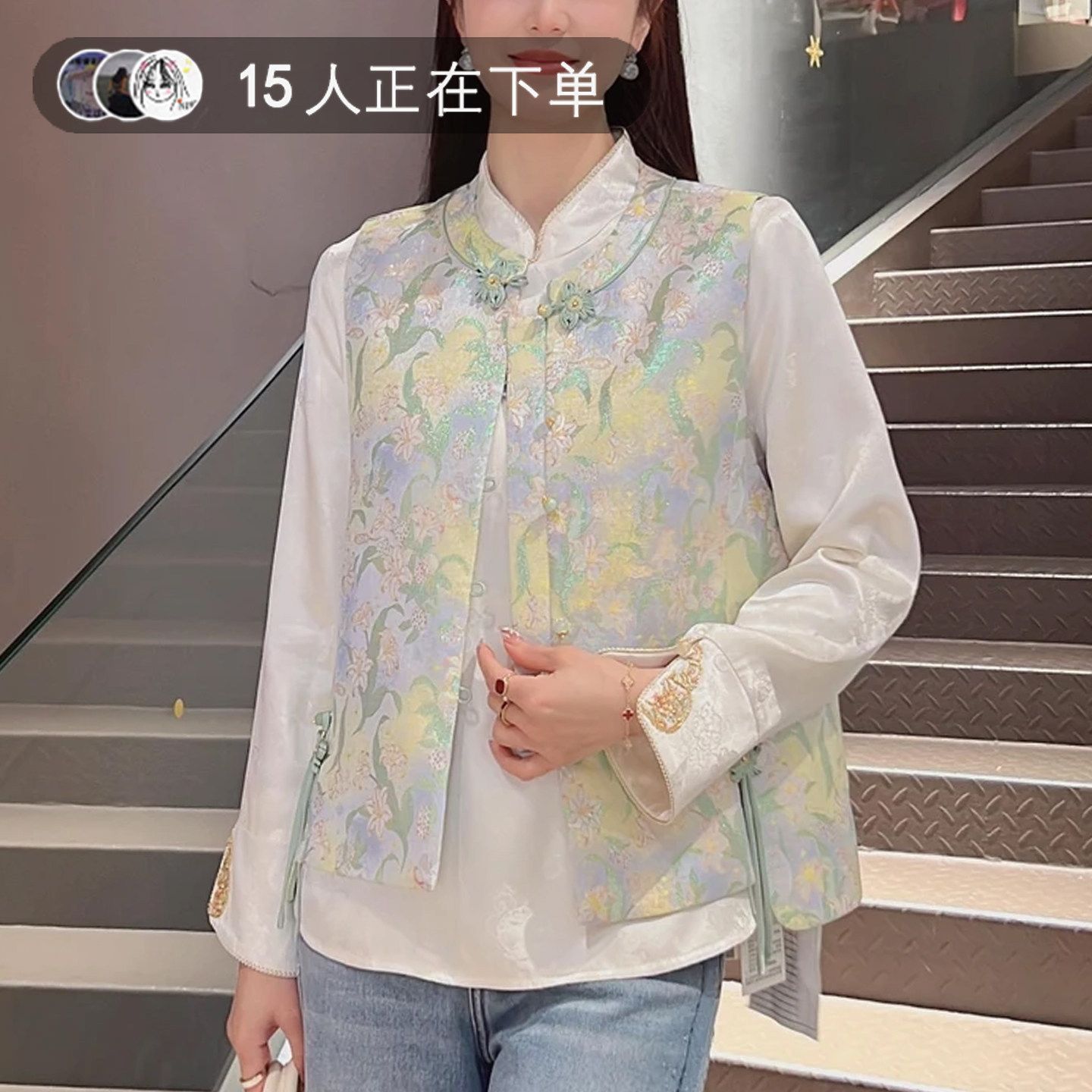 秋季新中式绿色印花女马甲