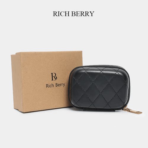 rich berry 收纳包时尚黑色零钱包菱格格纹黑包编织小包香风轻奢