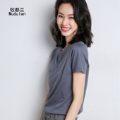 牧都兰正肩纯棉T恤女韩版 显瘦自带腰线纯色上衣 打底圆领2025修身
