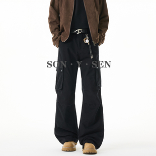复古黑色工装 宽松直筒男女款 休闲裤 机能伞兵裤 男秋季 高个子美式