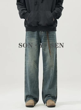 春秋美式复古Cleanfit水洗做旧牛仔裤男vibe宽松直筒男生长裤子潮