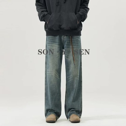 秋冬美式复古Cleanfit水洗做旧牛仔裤男vibe宽松直筒加绒长裤子潮