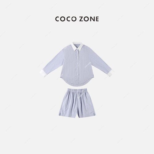 COCO ZONE 刘一一 通勤风气质撞色条纹衬衫显瘦短裤套装23C18883