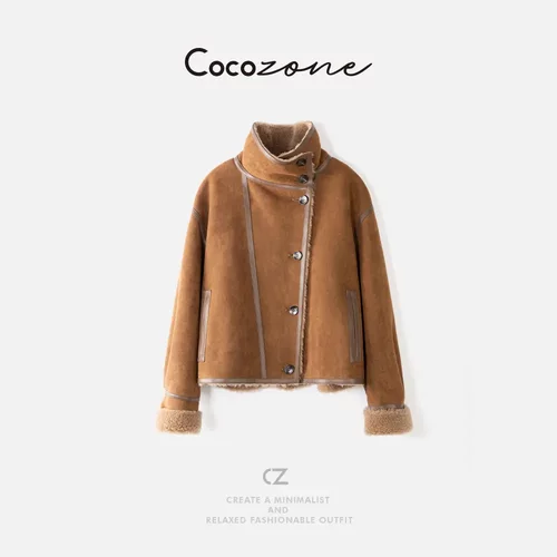 COCO ZONE 刘一一实力派100绵羊毛经典两面穿设计立领羊羔毛外套