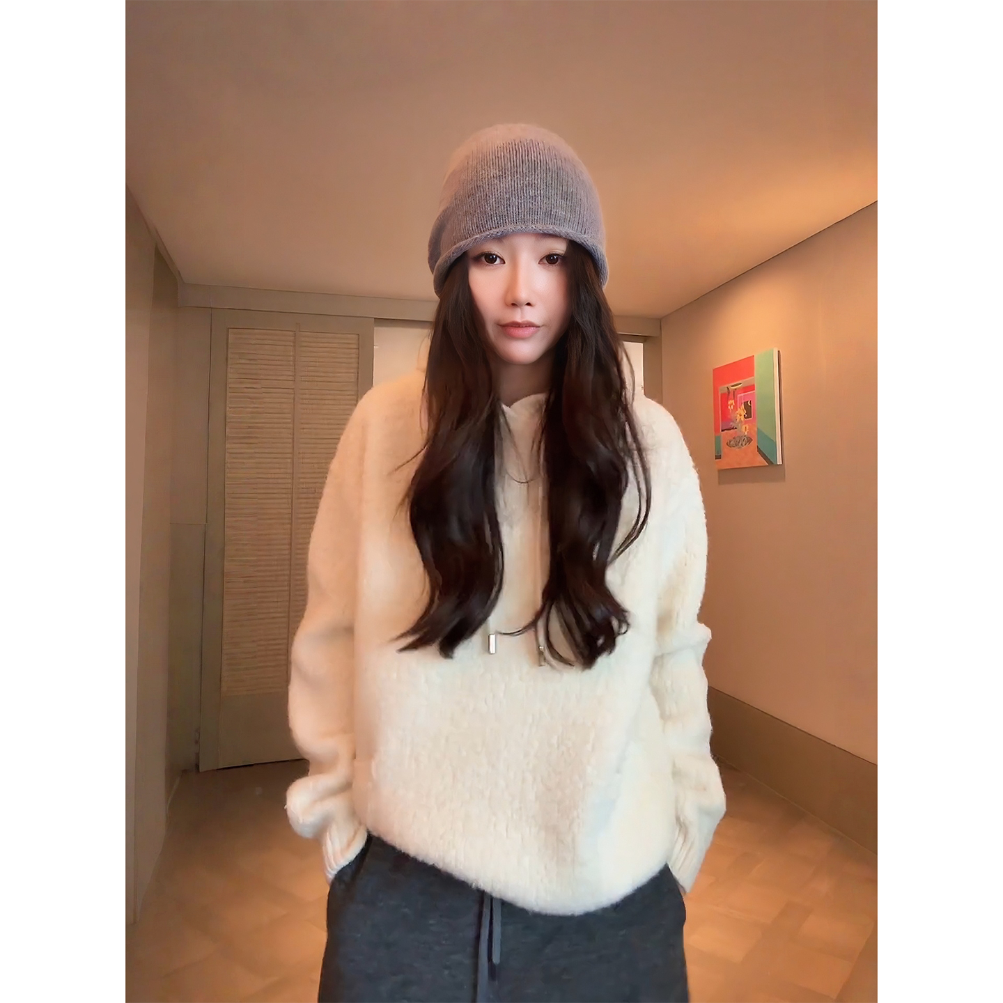 COCOZONE 刘一一 100绵羊毛早秋款纯色连帽温暖舒适风毛织上衣女