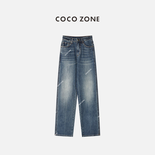 COCO ZONE 刘一一 休闲蓝色修身直筒裤百搭高街牛仔裤 23C18262