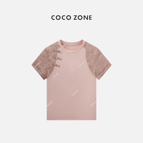 COCO ZONE 刘一一100棉新中式设计感盘扣T恤圆领女士上衣CC1A0570