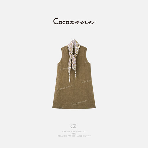 COCO ZONE 刘一一 100亚麻2026夏季新款丝巾圆领无袖垂坠感连衣裙