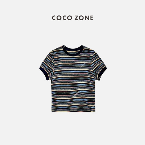 COCO ZONE刘一一秋季设计感撞色条纹圆领休闲通勤短袖T恤SC1A0219
