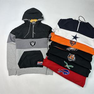 美式NFL梭织拼接连帽半拉链拉绒卫衣 突袭者刺绣大码插肩袖外套