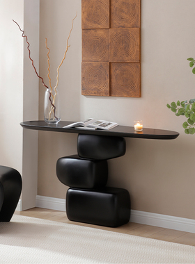 侘寂风玄关桌意式极简高级感复古黑色玻璃钢摆件艺术案台玄关台