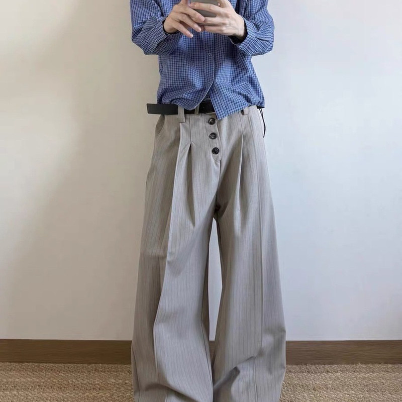 条纹排扣西裤TR混纺垂感休闲裤
