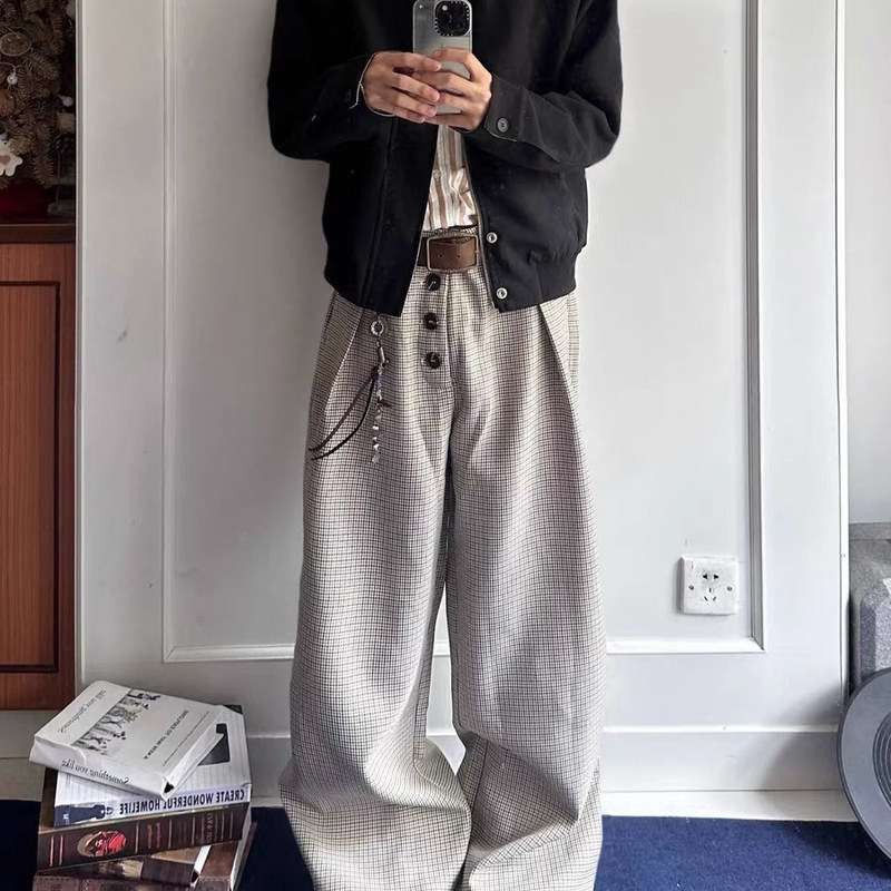 千鸟格复合打褶排扣西裤