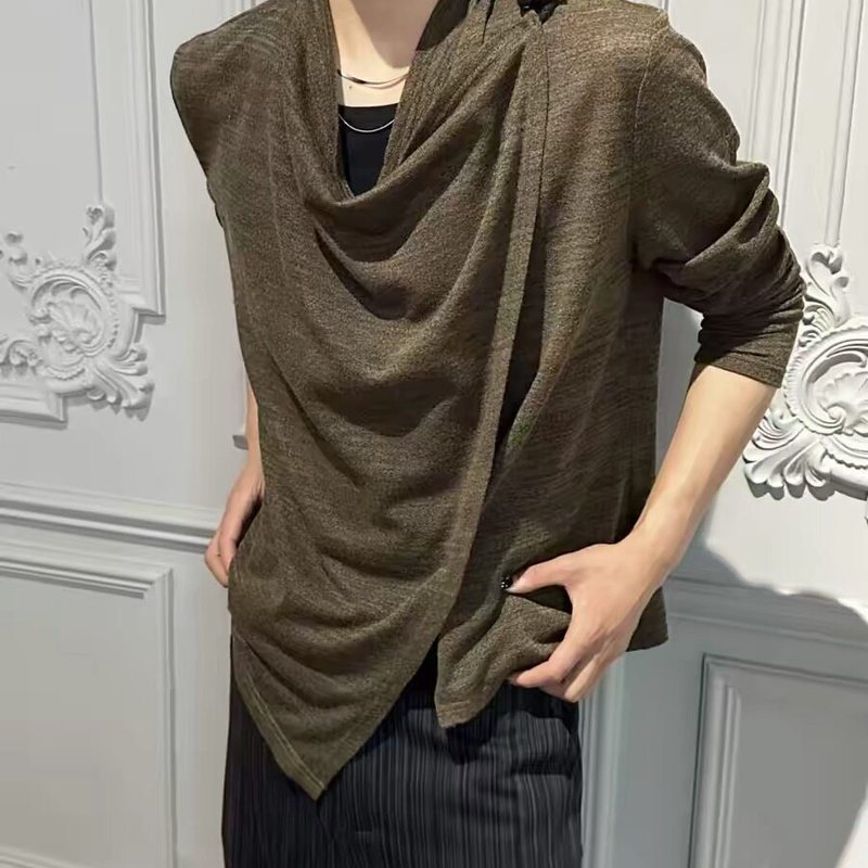 FOBSOM 超薄透气呼吸感亚麻防晒罩衫打褶堆积感夏季长袖打底t恤