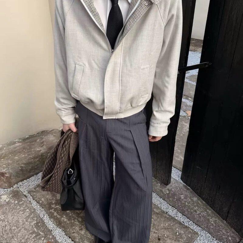 FOBSOM双面穿千鸟格立领哈灵顿夹克外套黑色花纱灰老钱风cleanfit