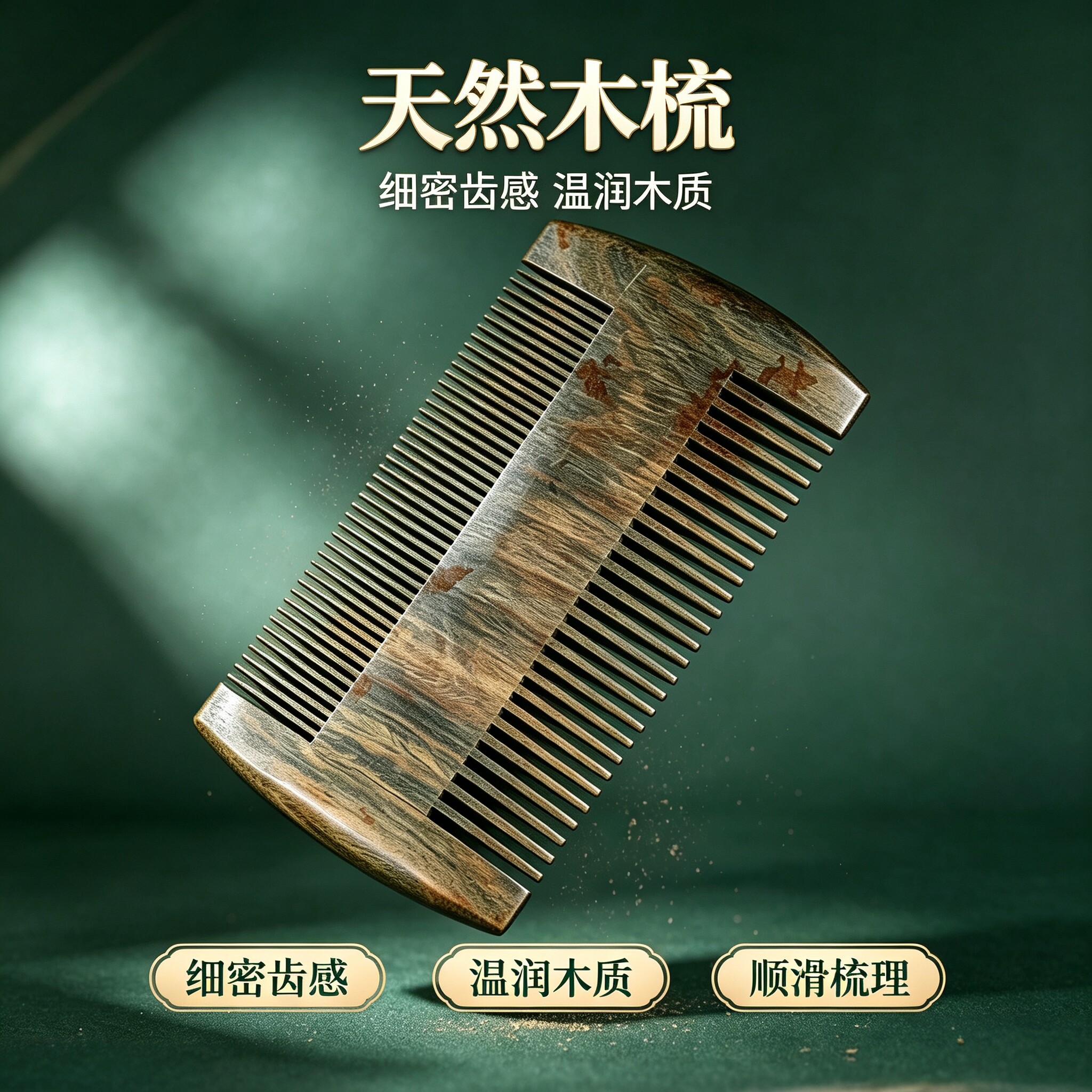 天然绿檀木梳子密齿宽齿双用防静电护发梳 家用便携檀木梳男女
