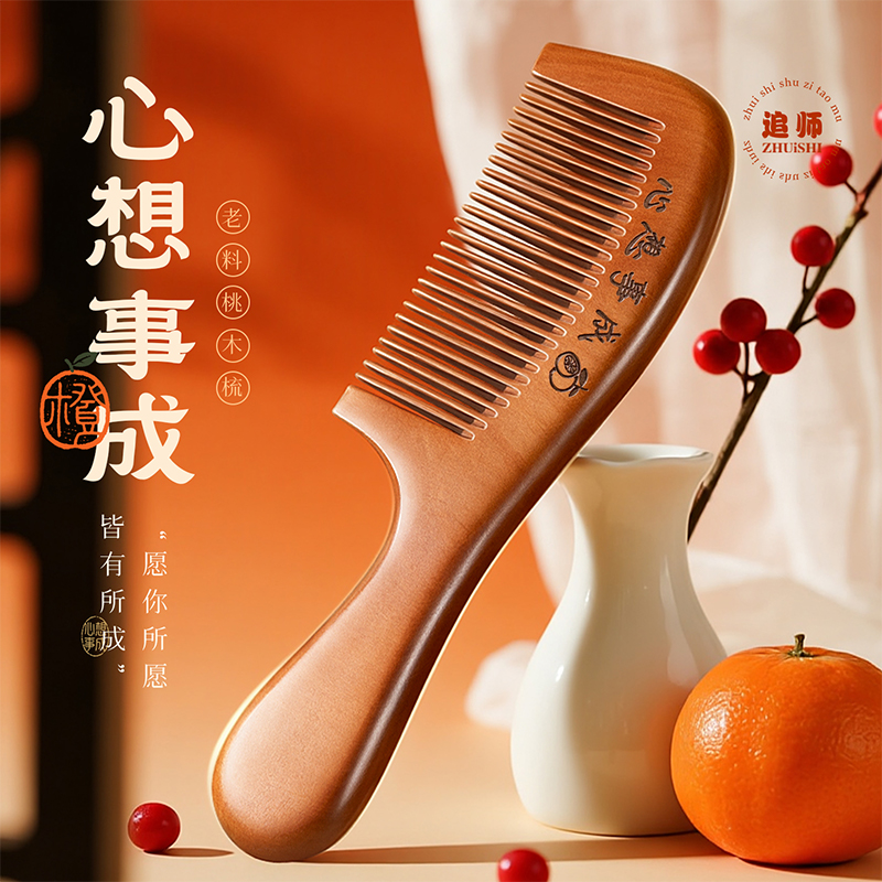 追师天然桃木梳子家用木头防静电正品实木梳随身男士女士长发专用