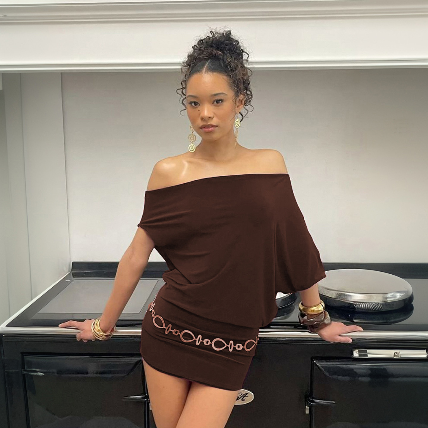 H家欧美女装 禁欲优雅蝙蝠袖斜肩两穿纯色连衣裙收腰褶皱包臀短裙