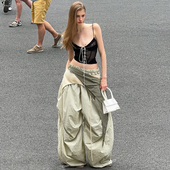 女街头嘻哈宽松束脚裤 H家欧美女装 西海岸儿不规则撞色腰带梭织裤