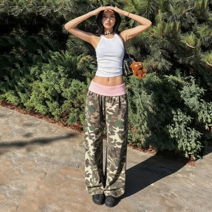 跳舞宽松辣妹休闲长裤 街头撞色腰头直筒迷彩卫裤 美式 H家欧美女装