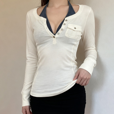 复古挂脖吊带+排扣口袋长袖上衣