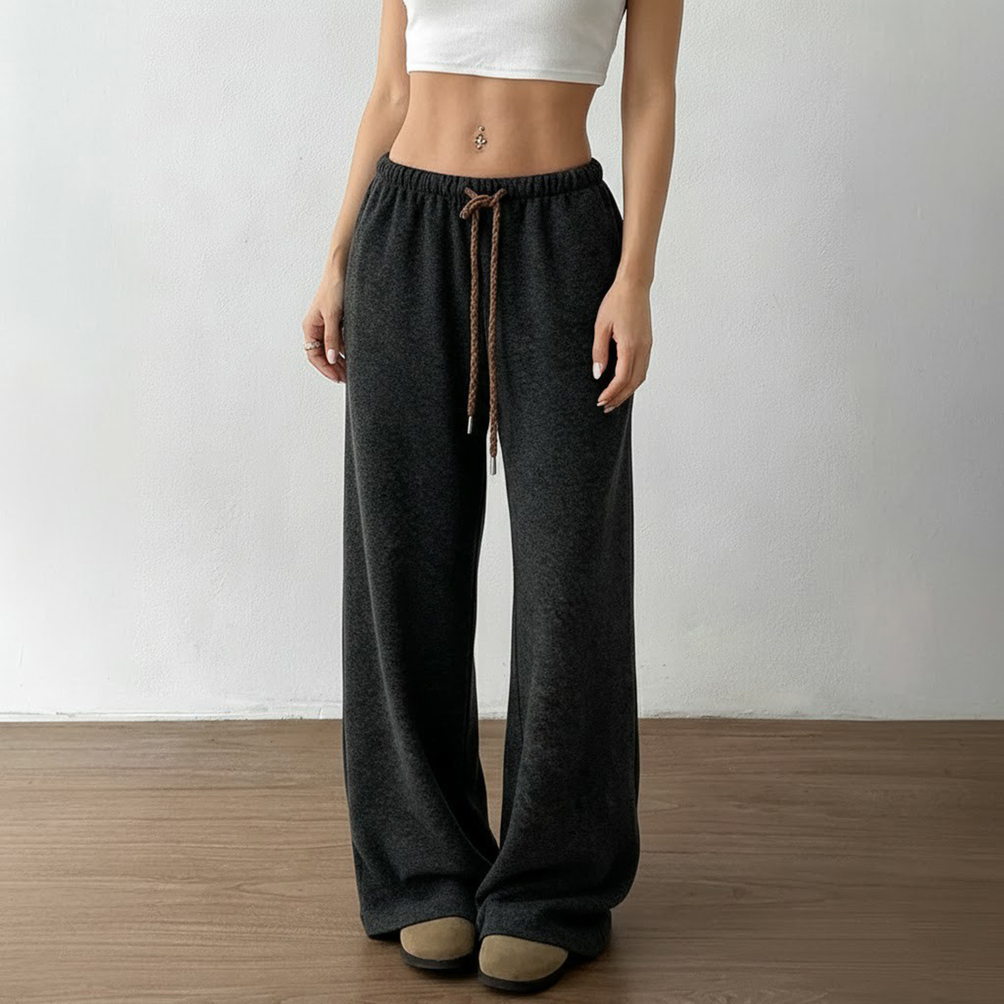 运动简约撞色系带垂感休闲长裤