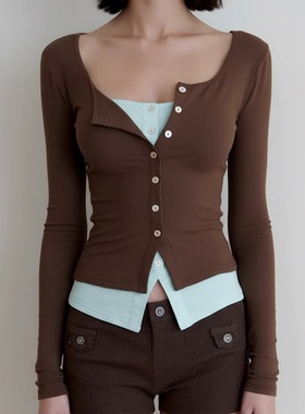 H家欧美女装 chill简约撞色拼接假两件排扣长袖上衣复古修身T恤女