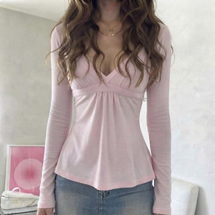 H家欧美女装 法式纯欲V领绑带收腰娃娃衫T恤女复古显瘦长袖短上衣