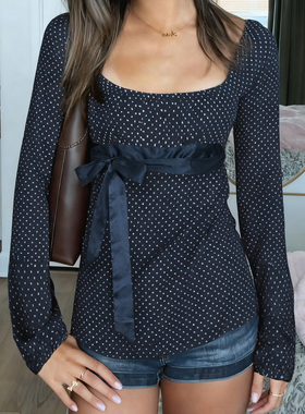 H家欧美女装 法式少女方领蝴蝶结长袖波点上衣复古纯欲深蓝色T恤