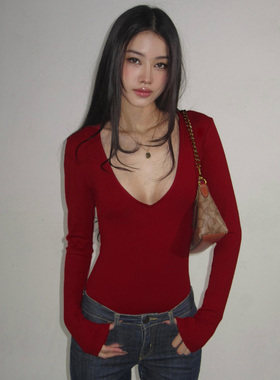 H家欧美女装 美式简约深V领红色长袖连体衣修身显瘦紧身打底上衣