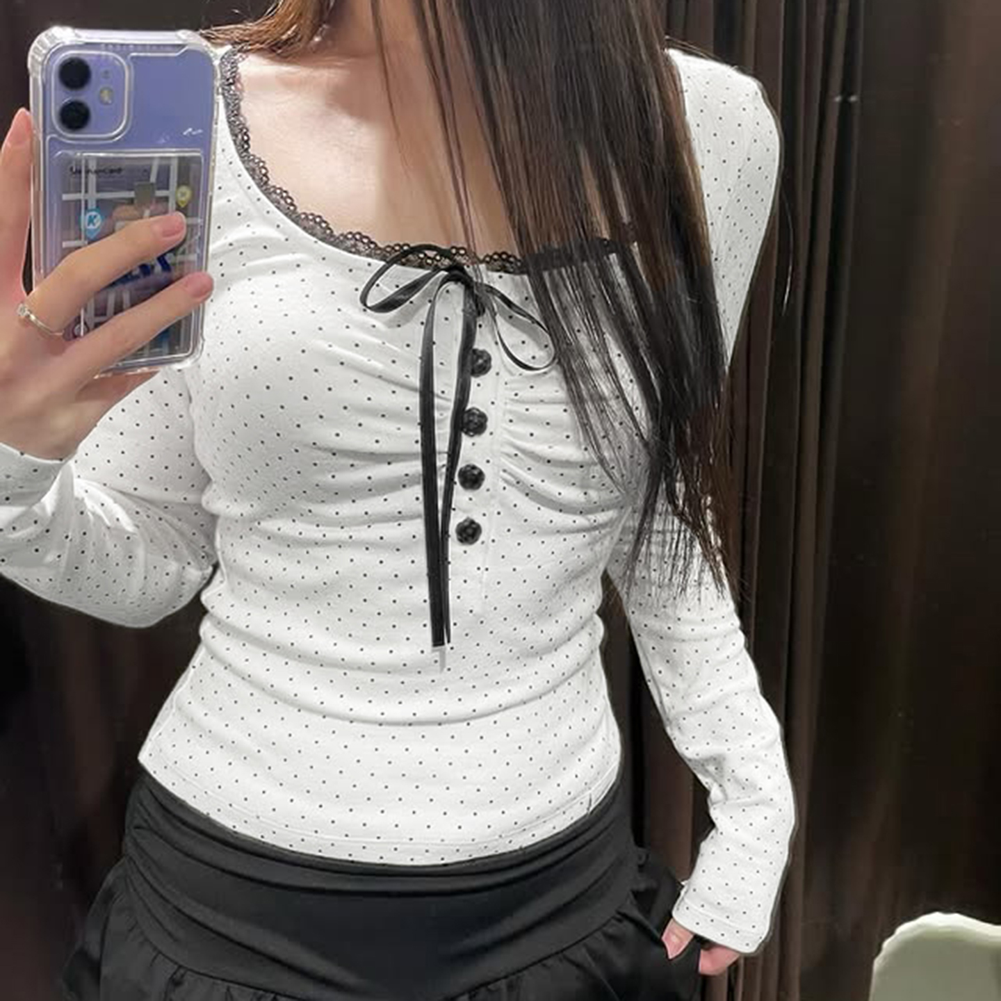 法式少女撞色排扣蝴蝶结波点T恤