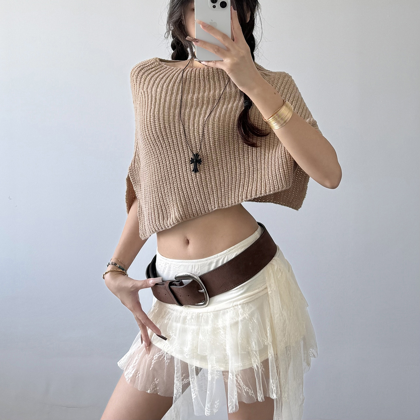 H家欧美女装 秋冬氛围感纯色不规则半高领针织披肩女宽松保暖围巾