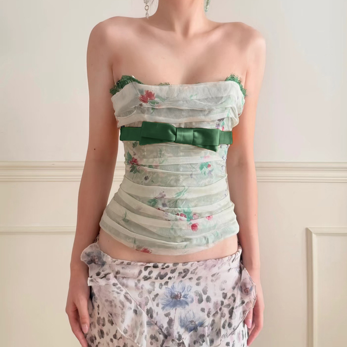H家欧美女装 绿野精灵蕾丝花边蝴蝶结束腰抹胸女法式花卉印花胸衣