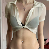 衬衫 H家欧美女装 纯欲ins轻薄透视网纱扭结短袖 女心机性感短上衣