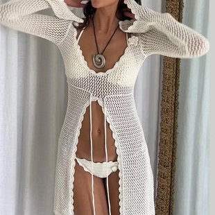 H家欧美女装 沙滩度假针织镂空比基尼罩衫加州辣妹防晒开叉开衫潮