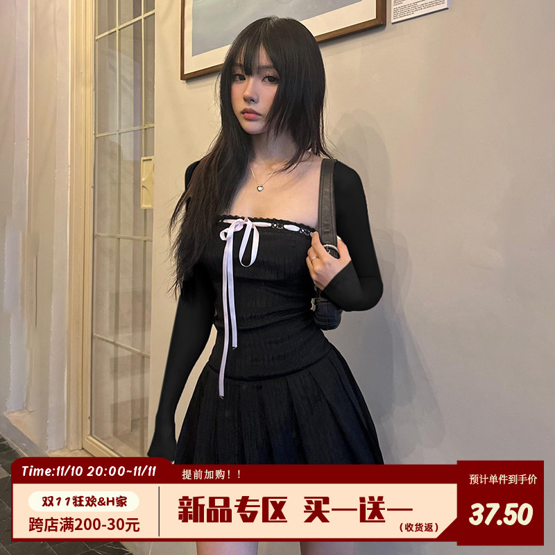 H家欧美女装 法式宫廷风蝴蝶结拼接蕾丝连衣裙性感收腰辣妹百褶裙
