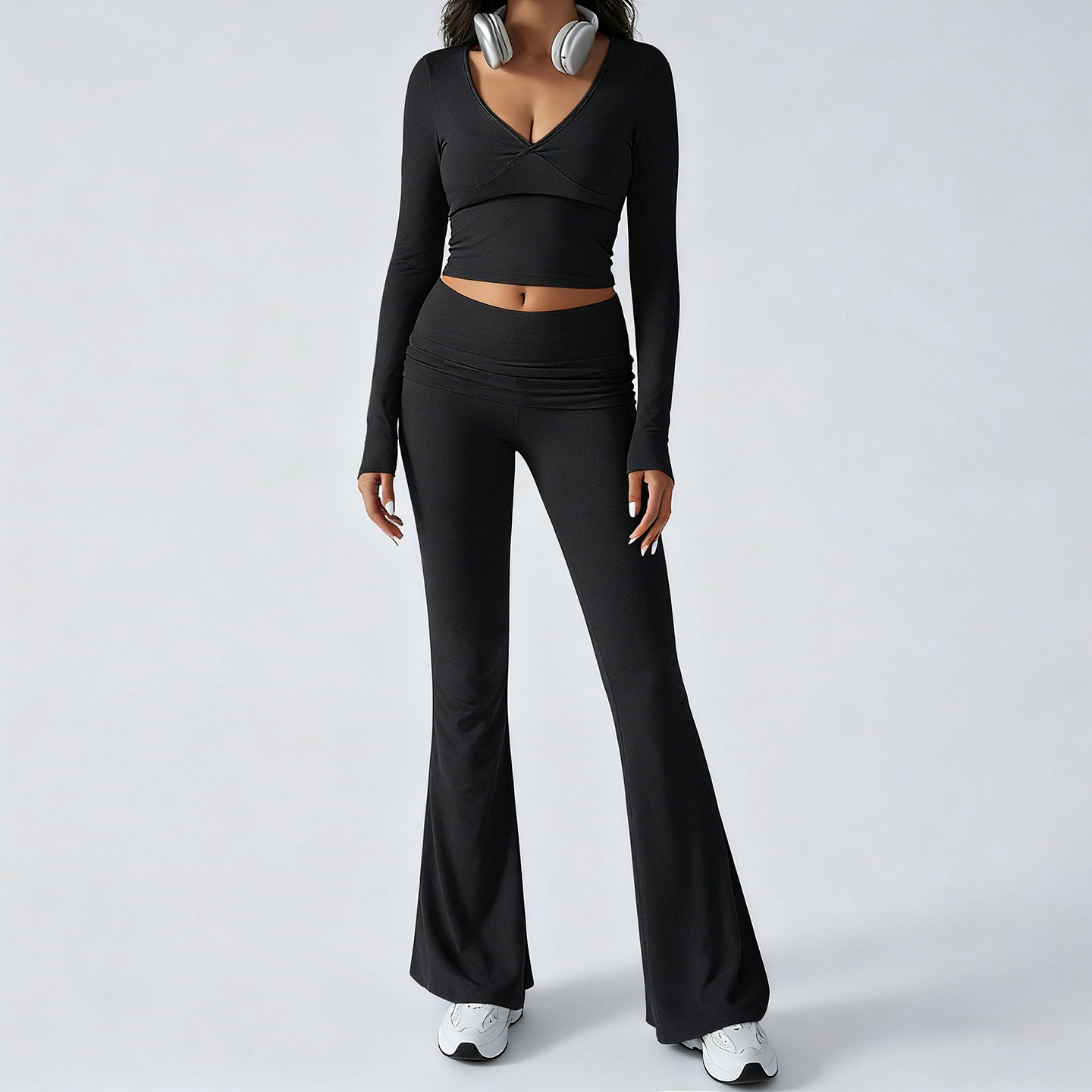 H家欧美女装 居家休闲运动套装纯色V领上衣+弹力瑜伽喇叭裤两件套,女装/女士精品,休闲运动套装,淘宝优惠券,粉丝福利购,淘宝优惠卷