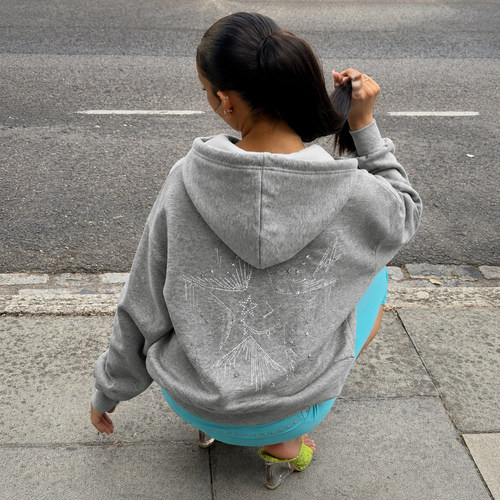 H家欧美女装 街头简约五角星烫钻连帽加绒卫衣女秋冬加厚休闲外套