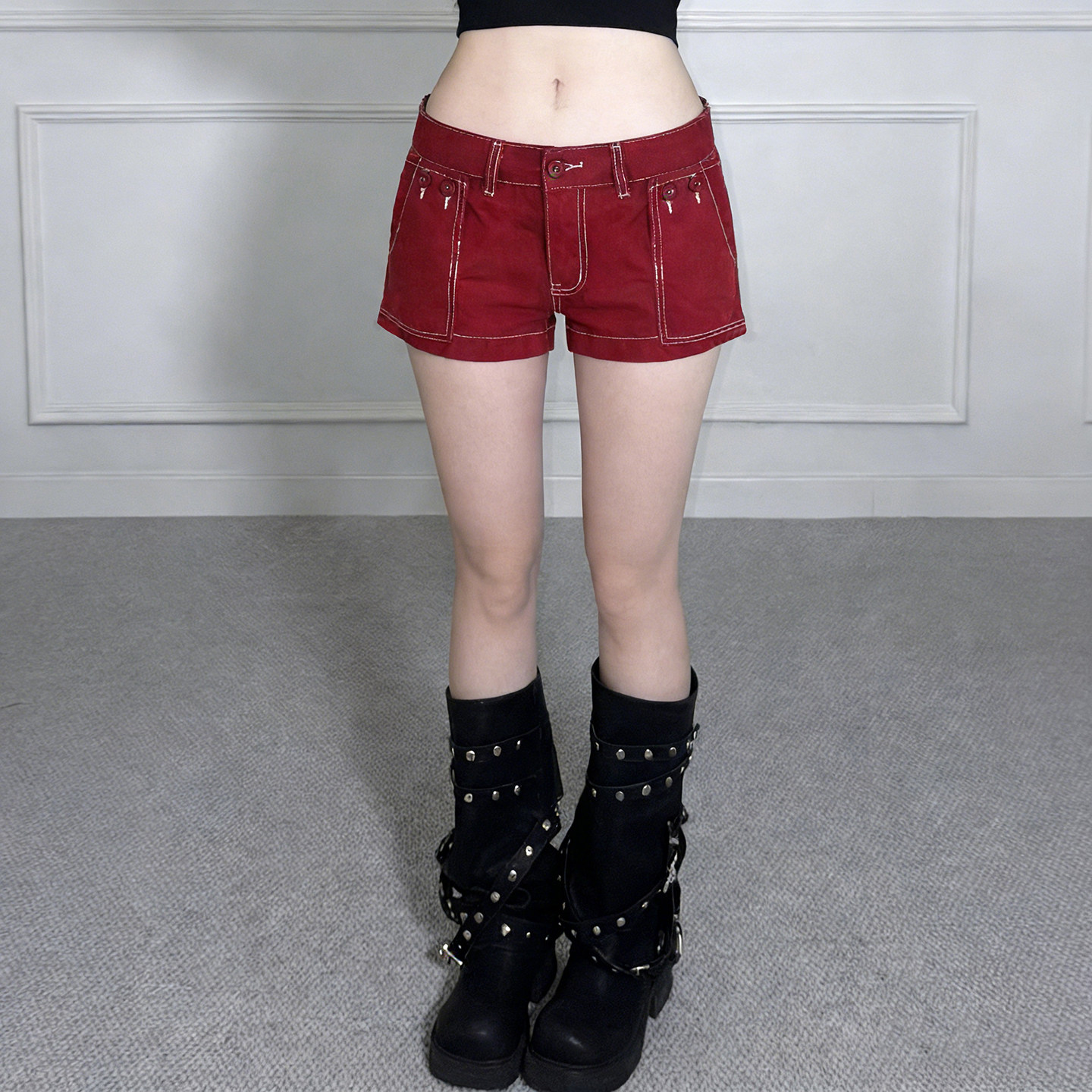 H家欧美女装 街头复古暗红色明线低腰牛仔短裤时髦heels直筒热裤,女装/女士精品,牛仔裤,淘宝优惠券,粉丝福利购,淘宝优惠卷