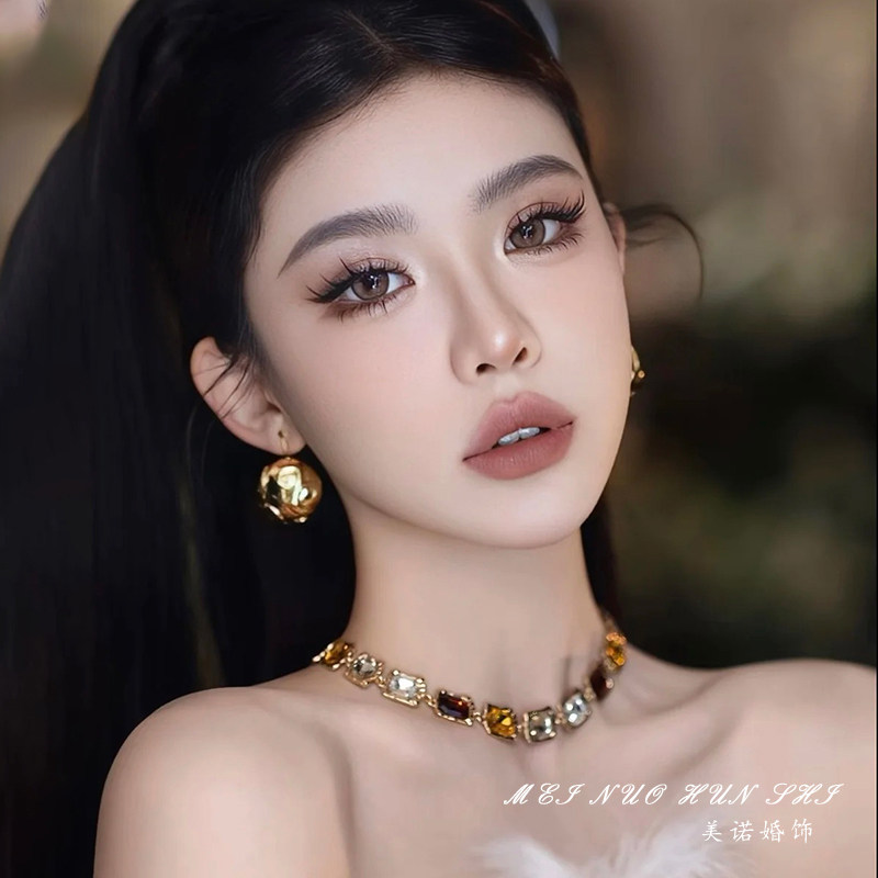 复古宫廷风彩色新娘颈链重工轻奢小众锁骨链晚礼服婚纱高级感项链