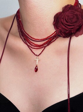 时尚甜酷多层红色水晶叠戴十字架吊坠项链小众气质叠戴颈链锁骨链