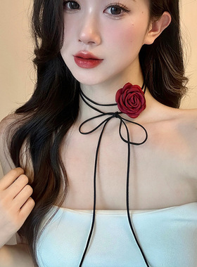 红色枯叶玫瑰花朵项链女轻奢感choker锁骨链山茶花颈链小香风